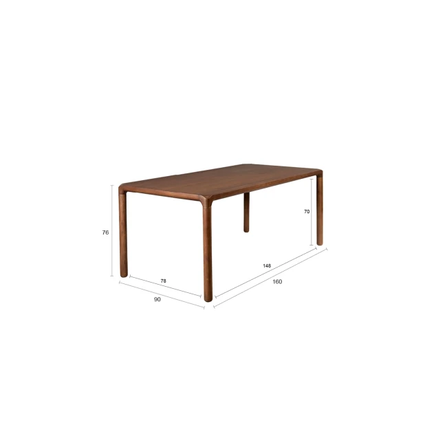Table de repas Storm 160x90 noyer — Zuiver. Schéma des dimensions.