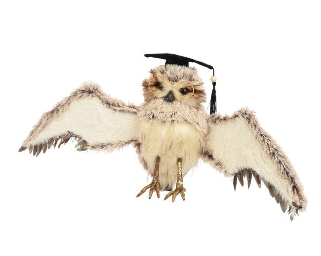 Chouette fourrure artificielle qui vole avec lunettes et chapeau, plumes