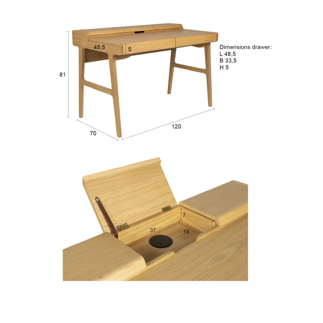 Bureau Kaat naturel — Zuiver. Schéma des dimensions.
