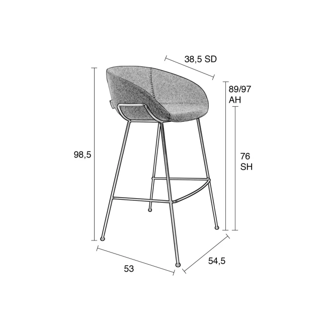 Lot de 2 tabourets de bar Feston 76 cm gris — Schéma des dimensions Lot de 2 tabourets de bar Feston 76 cm gris. Schéma des dimensions.