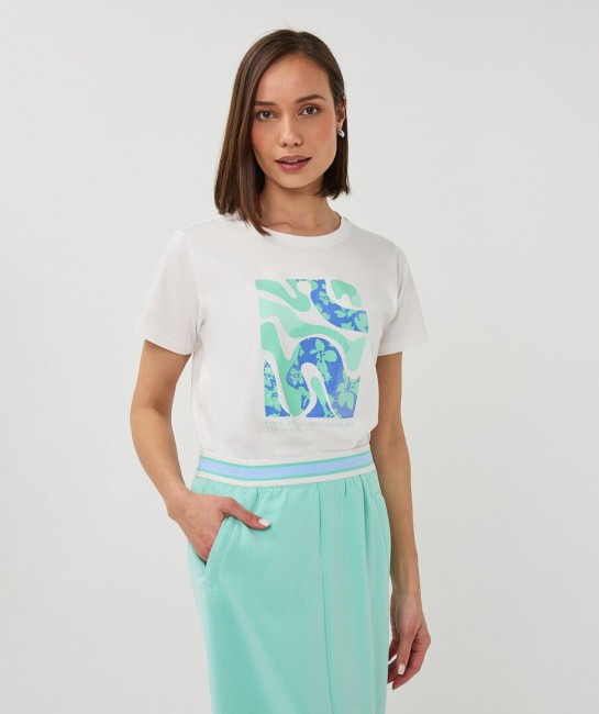 T-shirt blanc femme Esqualo avec imprimé floral graphique vert et bleu