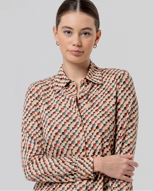 Chemise femme Surkana à imprimé géométrique beige et multicolore