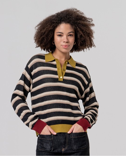 Pull rayé femme Surkana à col polo boutonné contrastant