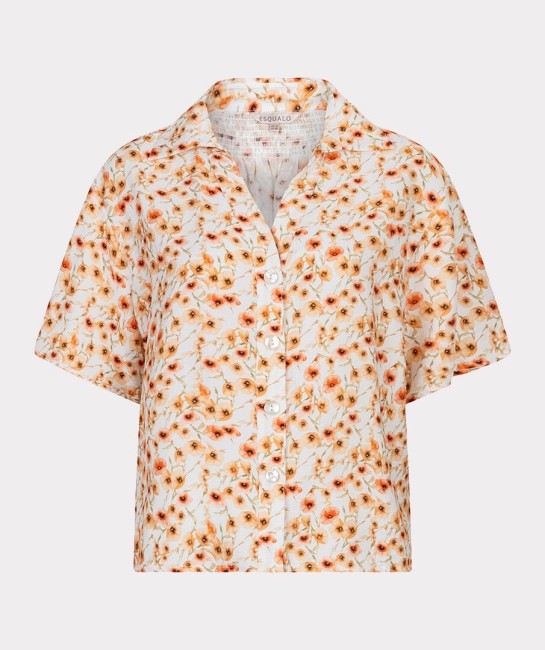Blouse Esqualo à imprimé floral écru et orange, manches courtes, col V avec boutons, coupe fluide et légère