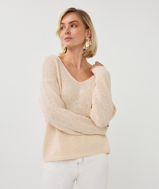Pull ample creme Esqualo à manches longues avec col en V et coupe fluide