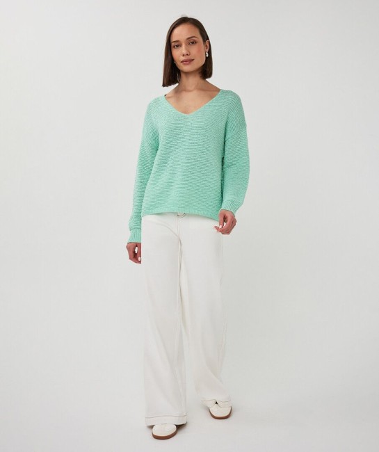 Pull ample vert Esqualo à manches longues avec col en V et coupe fluide