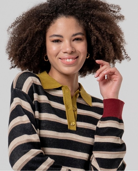 Pull rayé femme Surkana à col polo boutonné contrastant