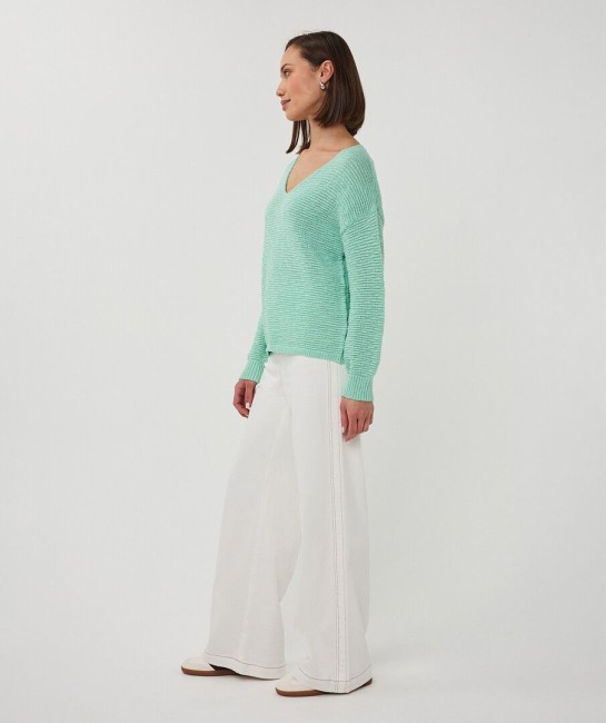 Pull ample vert Esqualo à manches longues avec col en V et coupe fluide