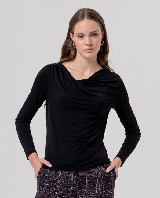 Top femme Surkana vert profond à encolure asymétrique drapée