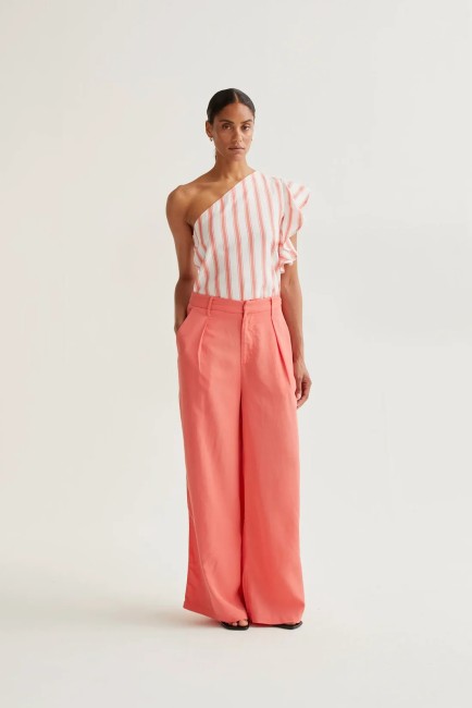 Pantalon large corail femme taille haute en lyocell