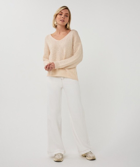 Pull ample creme Esqualo à manches longues avec col en V et coupe fluide