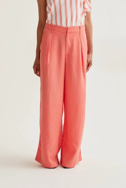 Pantalon large corail femme taille haute en lyocell