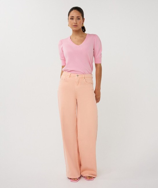 Pull rose EsQualo en maille fine avec col V et manches bouffantes