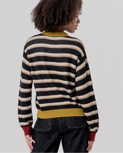 Pull rayé femme Surkana à col polo boutonné contrastant