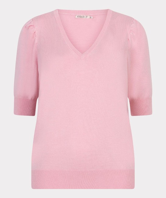 Pull rose EsQualo en maille fine avec col V et manches bouffantes