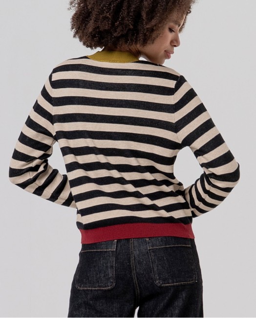 Pull rayé femme Surkana à col cheminée et finitions contrastantes