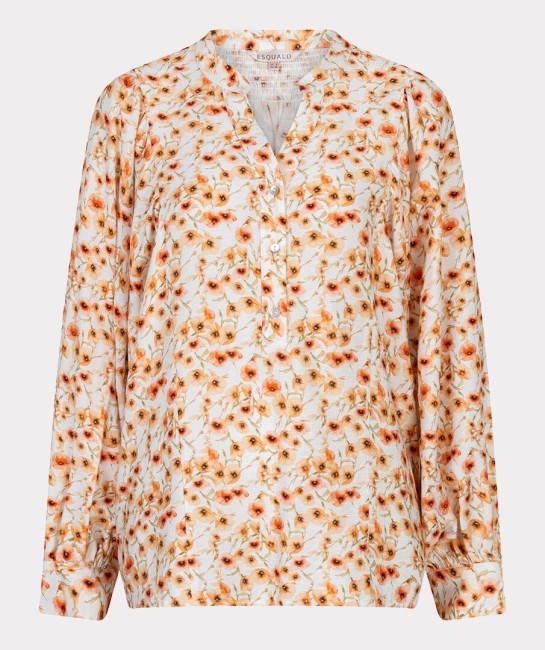 Blouse Esqualo à imprimé floral écru et orange, manches longues bouffantes, col V boutonné et coupe fluide