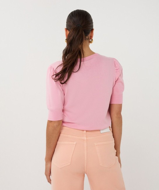 Pull rose EsQualo en maille fine avec col V et manches bouffantes
