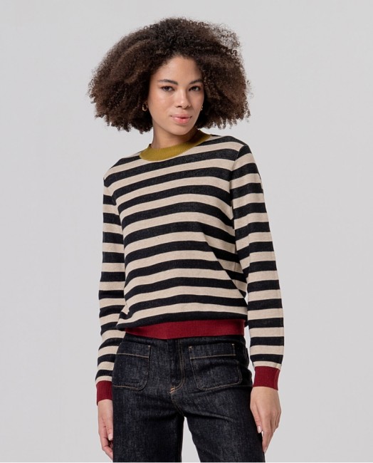 Pull rayé femme Surkana à col cheminée et finitions contrastantes