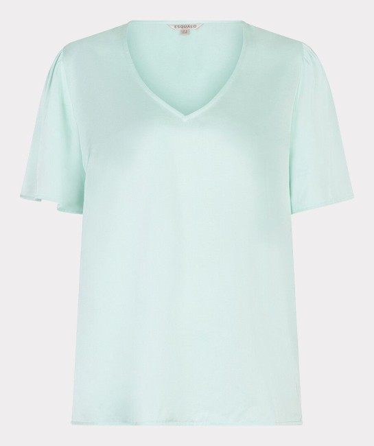 Blouse Esqualo vert d’eau satinée avec col V et manches fluides courtes, coupe élégante et féminine