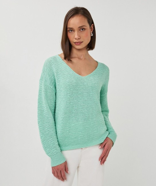 Pull ample vert Esqualo à manches longues avec col en V et coupe fluide