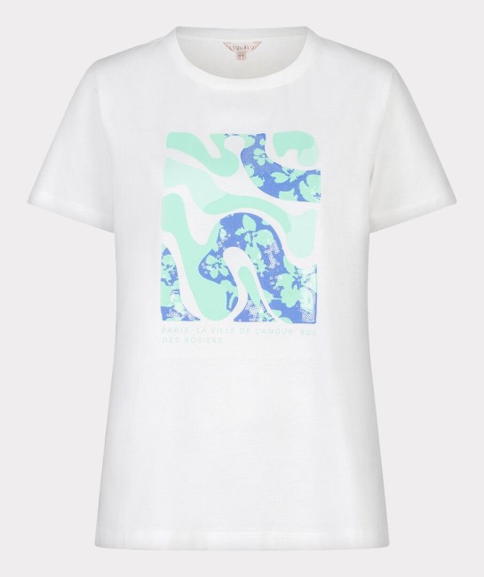 T-shirt blanc femme Esqualo avec imprimé floral graphique vert et bleu