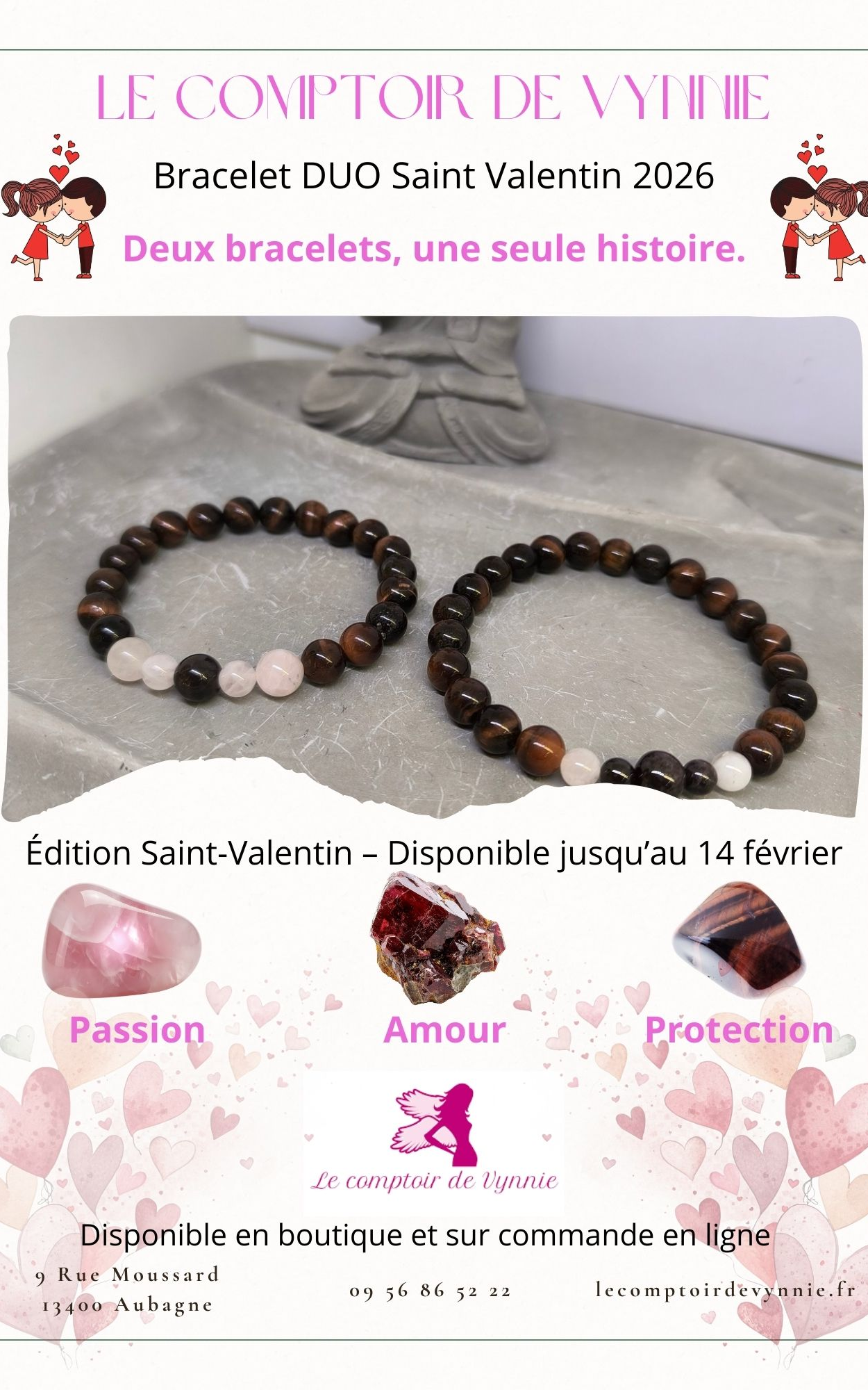 affiche bracelet duo saint valentin 2026 grenat quartz rose oeil de taureau le comptoir de vynnie