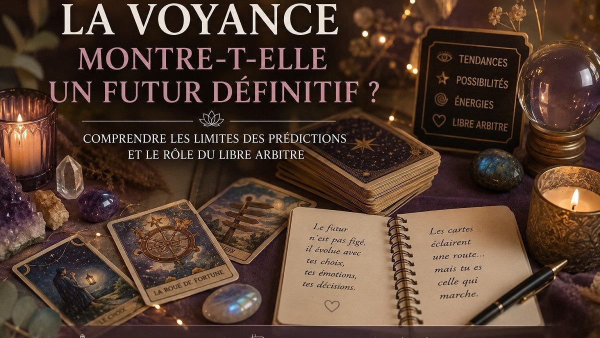 Illustration spirituelle sans visage sur la voyance, le libre arbitre et les prédictions du tarot