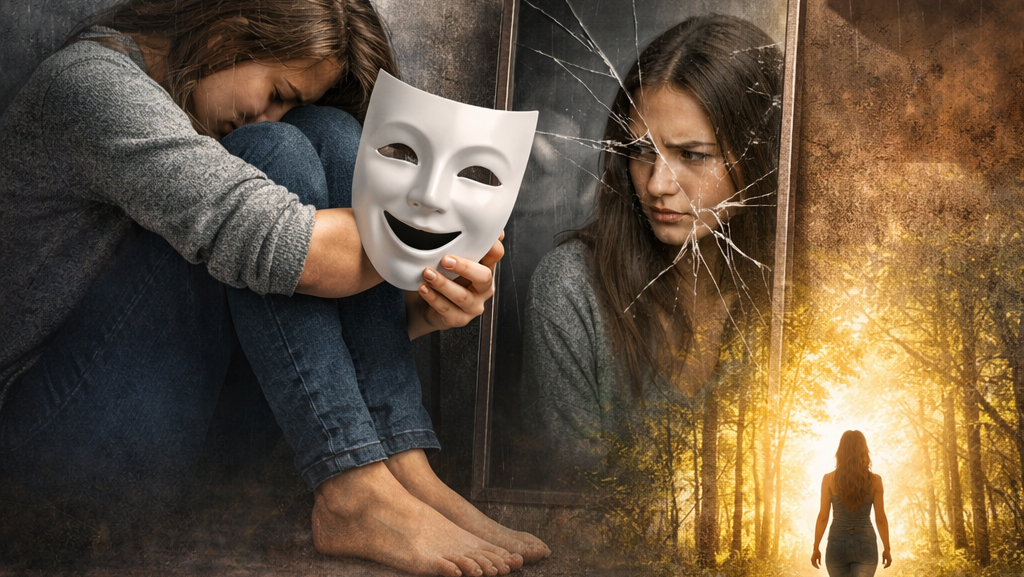 Hypocrisie envers soi-même femme triste masque reflet miroir brisé regard des autres chemin vers lumière authenticité