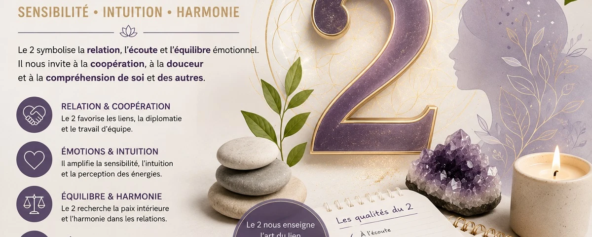 Illustration moderne du chiffre 2 en numérologie symbolisant la sensibilité, l’intuition, les émotions et l’harmonie relationnelle