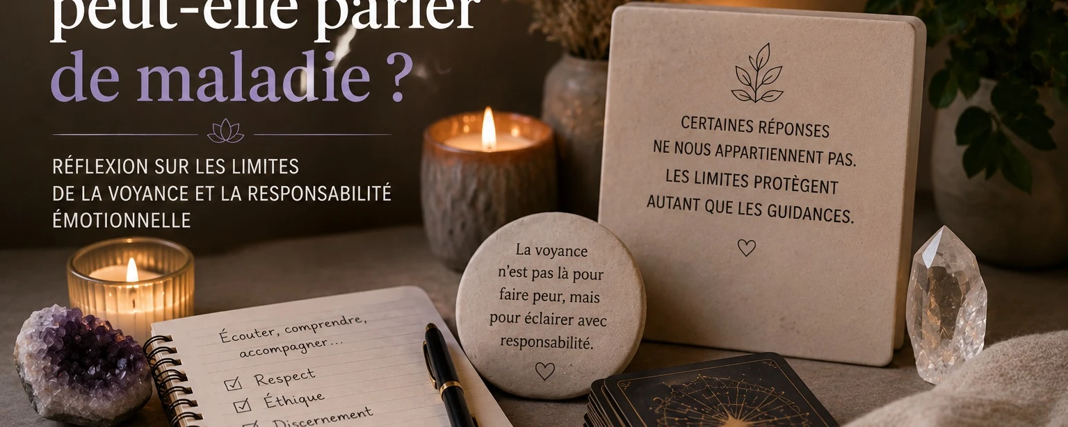 Illustration de voyance responsable sans visage autour des limites éthiques, de la maladie et de la protection émotionnelle en consultation spirituelle