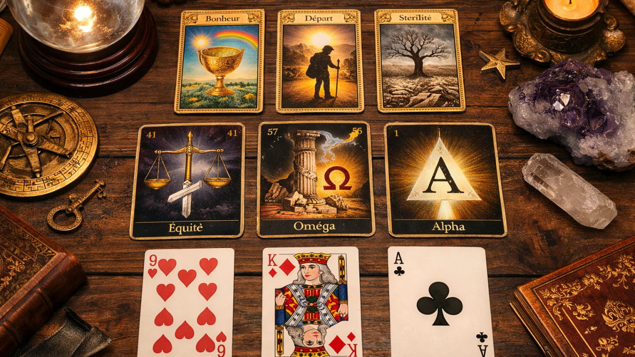 Tirage de voyance sur l’intelligence artificielle avec cartes Belline, Triade et jeu traditionnel, illustrant le passé, le présent et le futur de l’IA