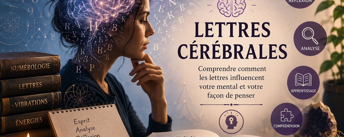 Illustration sur les lettres cérébrales en numérologie montrant le lien entre les lettres, la réflexion, l’analyse, l’apprentissage et le fonctionnement du mental dans l’étude vibratoire du prénom.