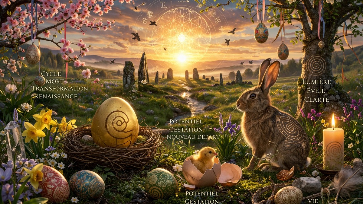 Image ésotérique du printemps avec œufs symboliques, lièvre, lumière et nature en renaissance représentant les cycles de transformation et d’éveil intérieur