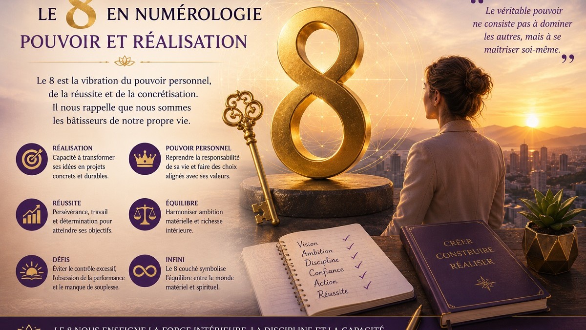 Illustration du nombre 8 en numérologie représentant le pouvoir personnel, la réussite, la réalisation de soi, l'ambition, la confiance et la concrétisation des projets de vie.