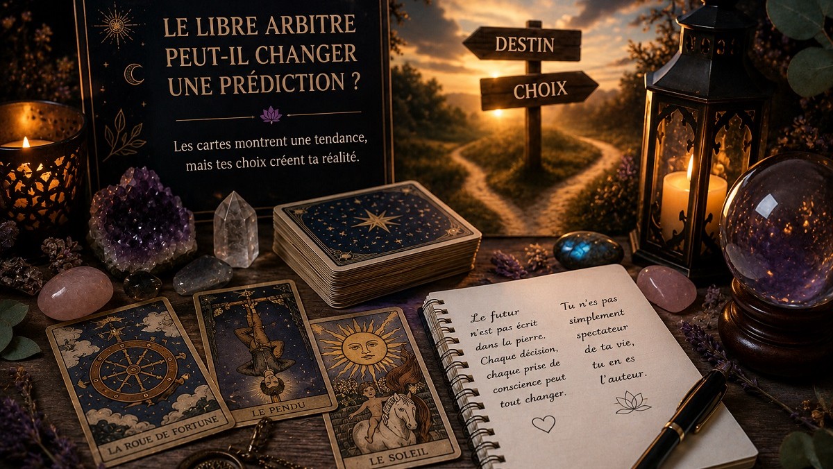 Illustration spirituelle sans visage sur le libre arbitre, les prédictions en voyance et les cartes du tarot