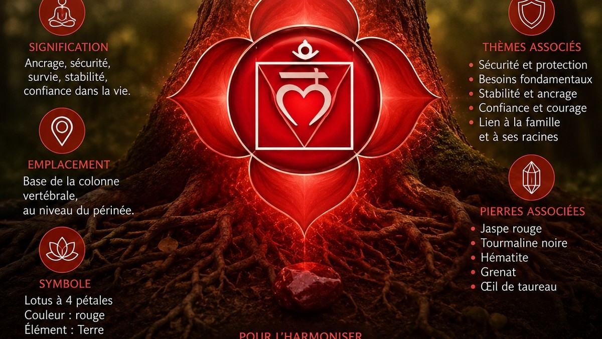 Illustration du chakra racine rouge symbolisant l'ancrage, la sécurité et la stabilité intérieure