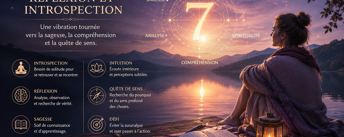 Illustration du nombre 7 en numérologie représentant la réflexion, l'introspection, la sagesse, l'intuition et la recherche de sens à travers un paysage calme et méditatif.