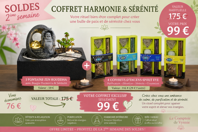 Coffret Harmonie et Sérénité comprenant une fontaine Zen Bouddha décorative et quatre coffrets d'encens Spirit Eye proposés en offre spéciale par Le Comptoir de Vynnie.