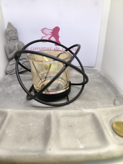 Photophore en métal noir avec verre ambré pour bougie décorative