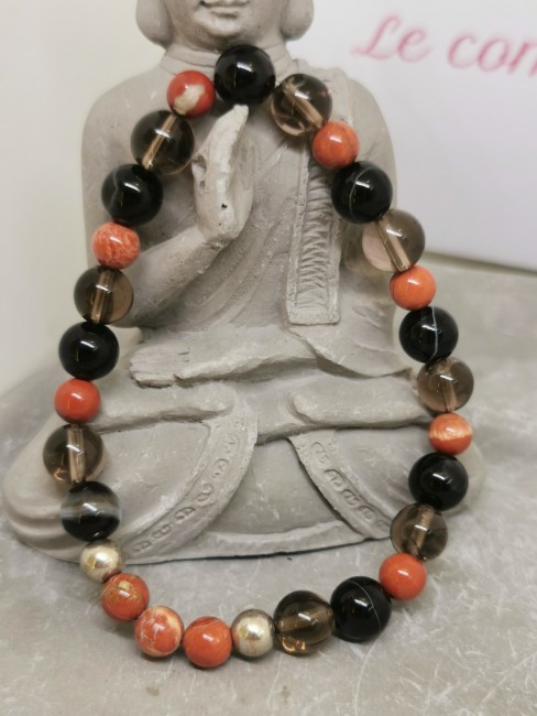 bracelet agate noire jaspe rouge quartz fumé