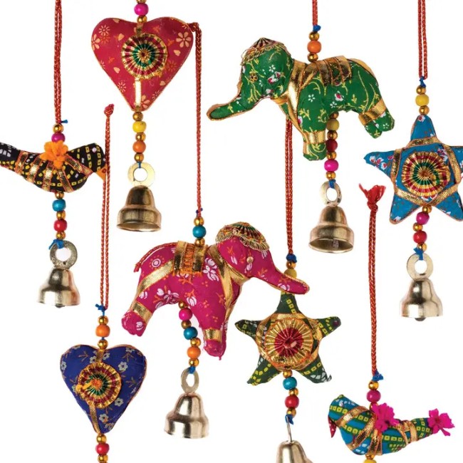 Décorations Indiennes en Tissu à Suspendre – Éléphant, Oiseau, Cœur & Étoile – Artisanat Éthique d’Inde
