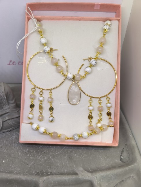 Ensemble Collier Bracelet Boucles Bracelet quartz rose acier doré