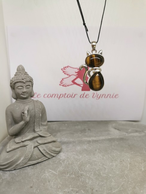 Collier œil du tigre pendentif chat pierre naturelle