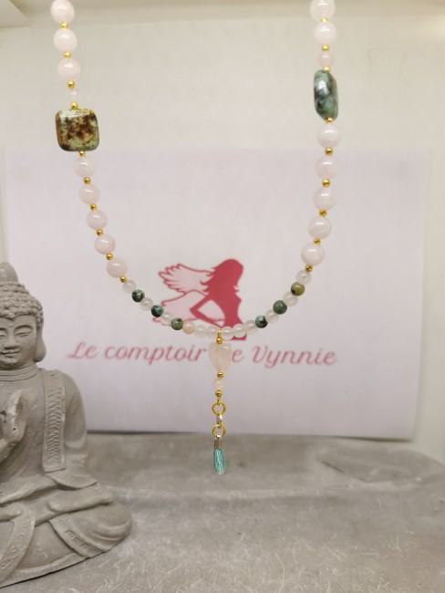 collier femme pierre naturelle rose vert