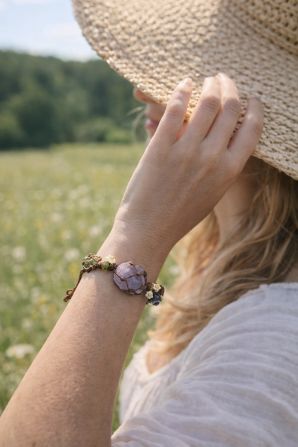 Bracelet pierre brute améthyste et olivine