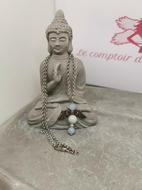 Collier ange pendentif aigue marine ailes