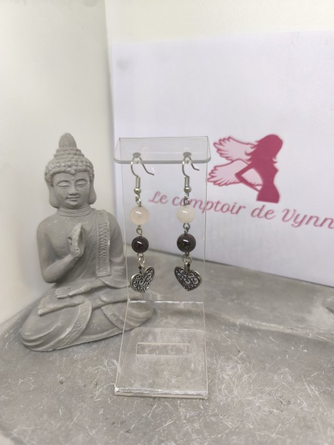Boucles cœur acier inoxydable Boucles pendantes quartz rose cœur acier