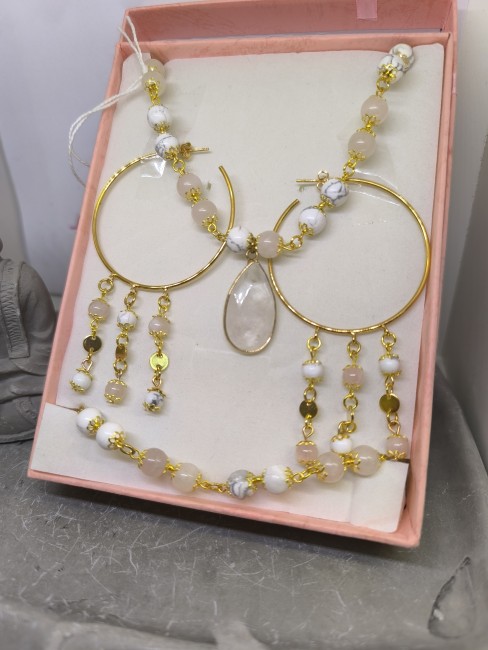 Parure Pierre Naturelle Acier Doré Collier quartz rose cristal de roche