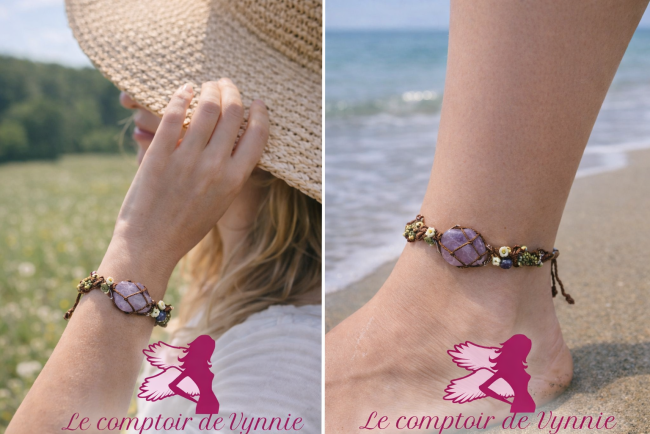 Bracelet améthyste olivine cordon marron